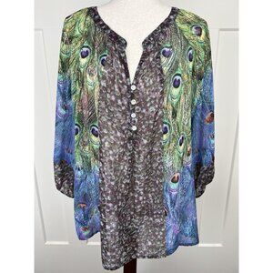 Fig & Flower Anthropologie Peacock Feather Blouse L Boho Sheer Mixed Print Tunic